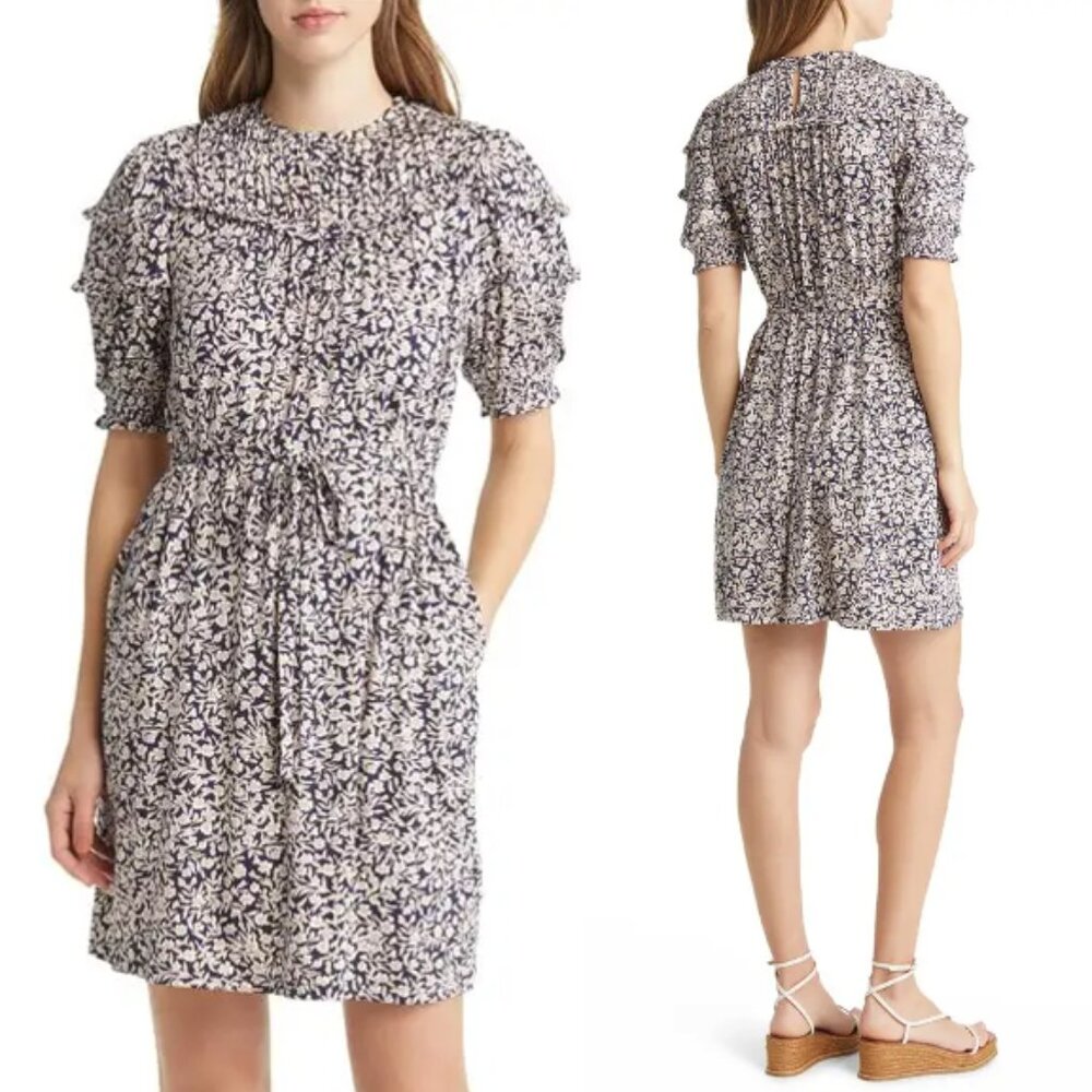 BODEN Yoke Detail Puff Sleeve Jersey Mini Dress Floral Navy Tan Size 4R